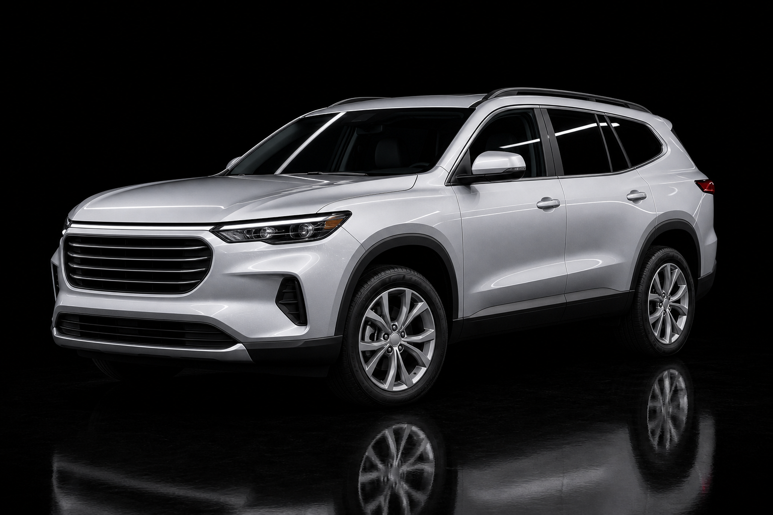 Silver small or mid-size SUV size preview on black studio background