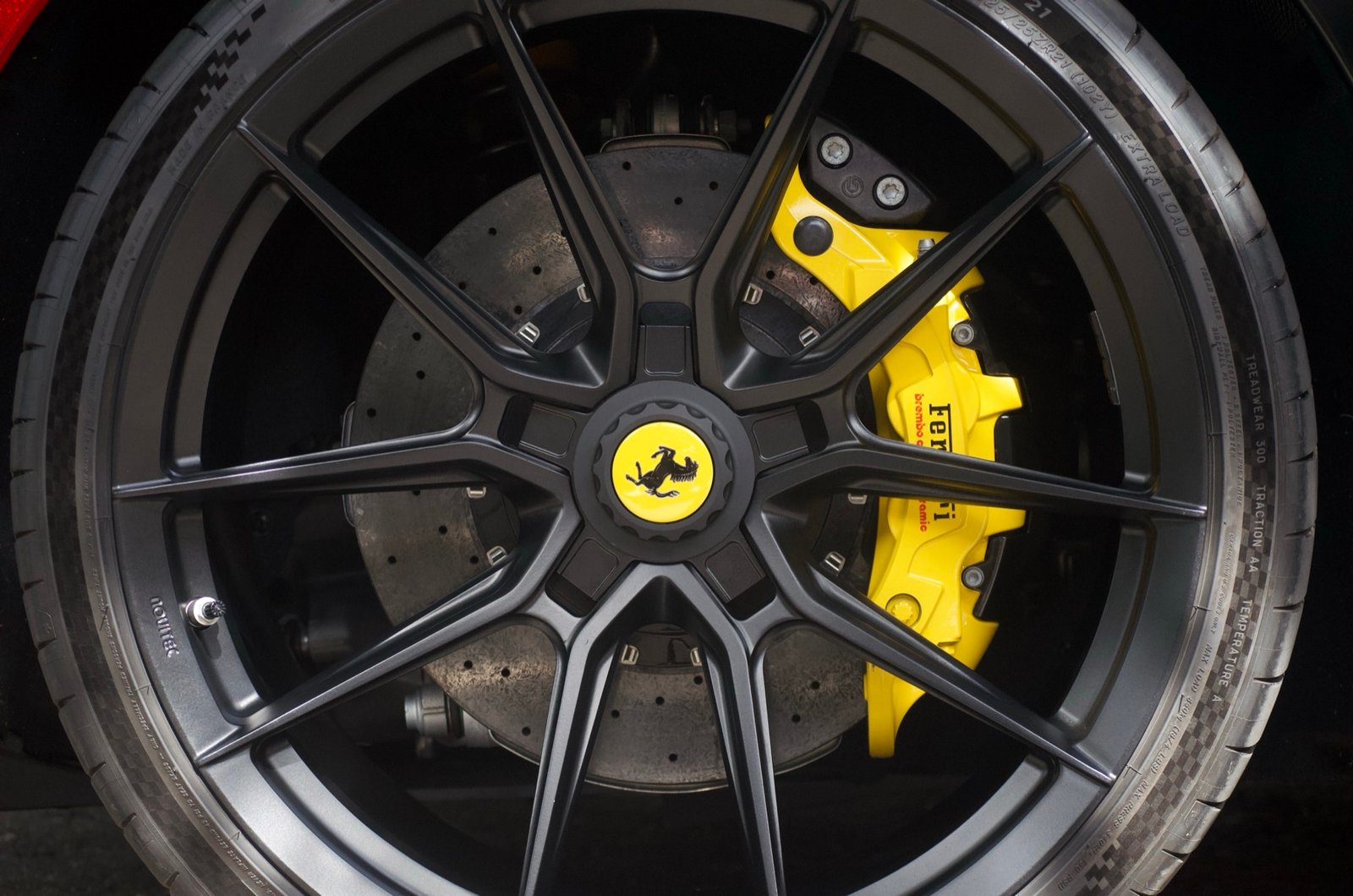 Detailed Ferrari wheel and brake caliper